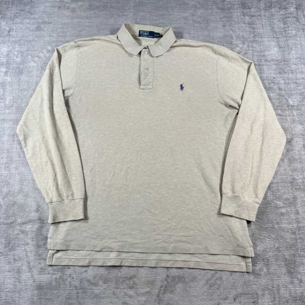 Polo Ralph Lauren Shirt Mens XL Beige Long Sleeve Polo Cotton Pique Preppy